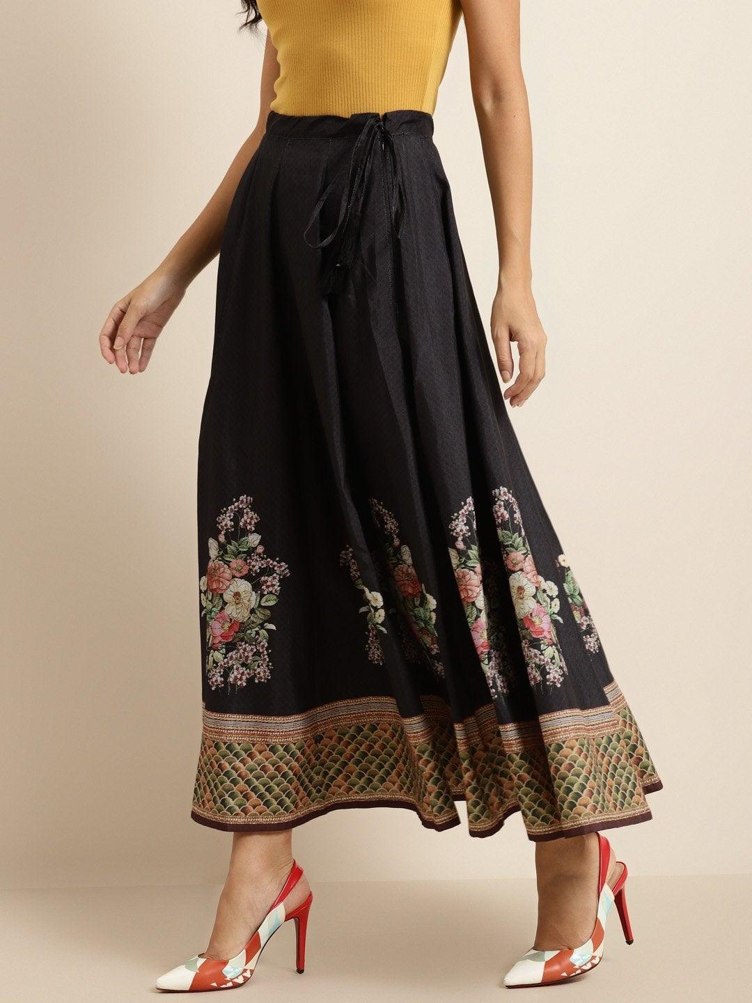 Women's Black Floral Kali Skirt - SHAE - Indiakreations