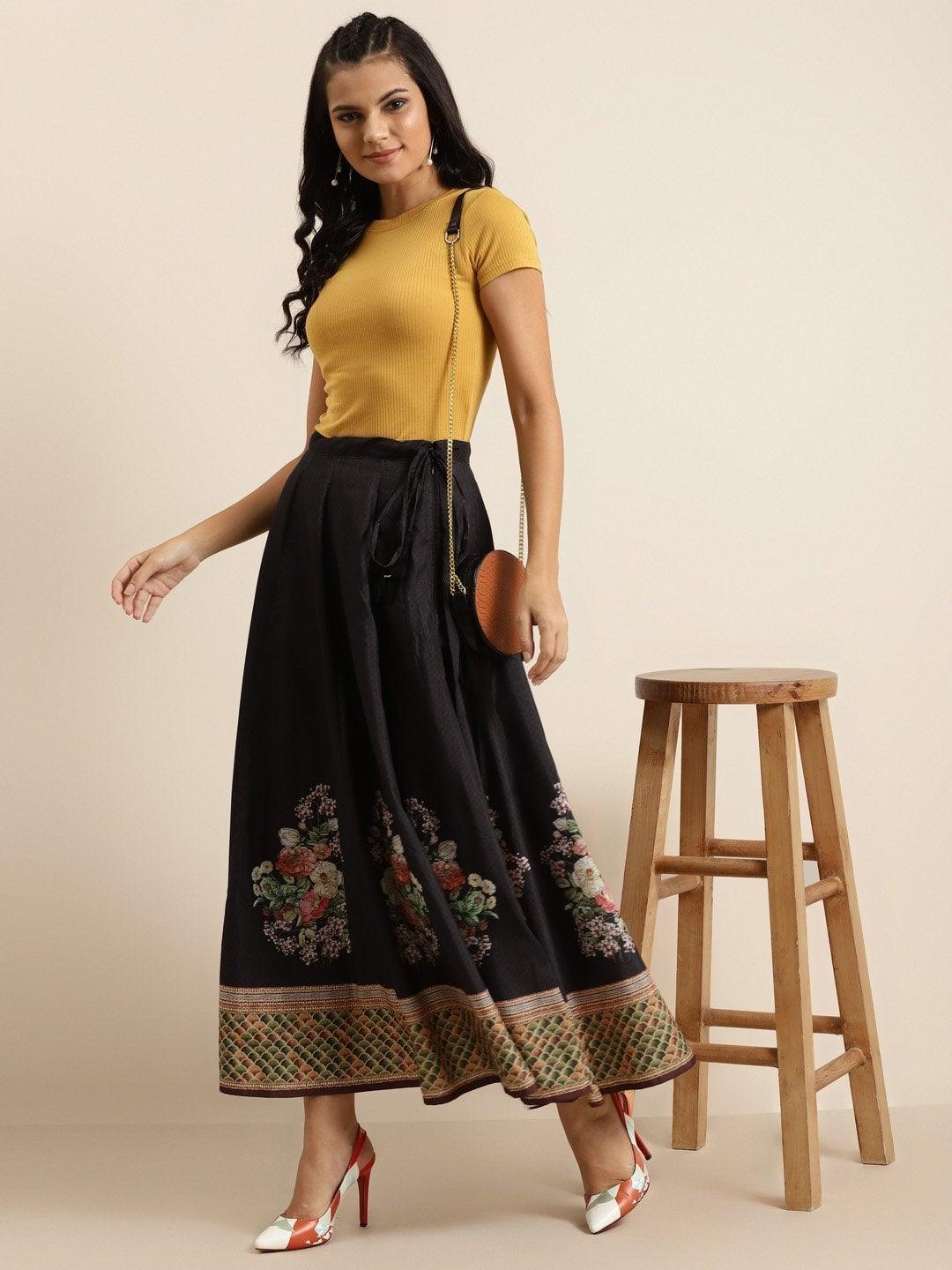 Women's Black Floral Kali Skirt - SHAE - Indiakreations