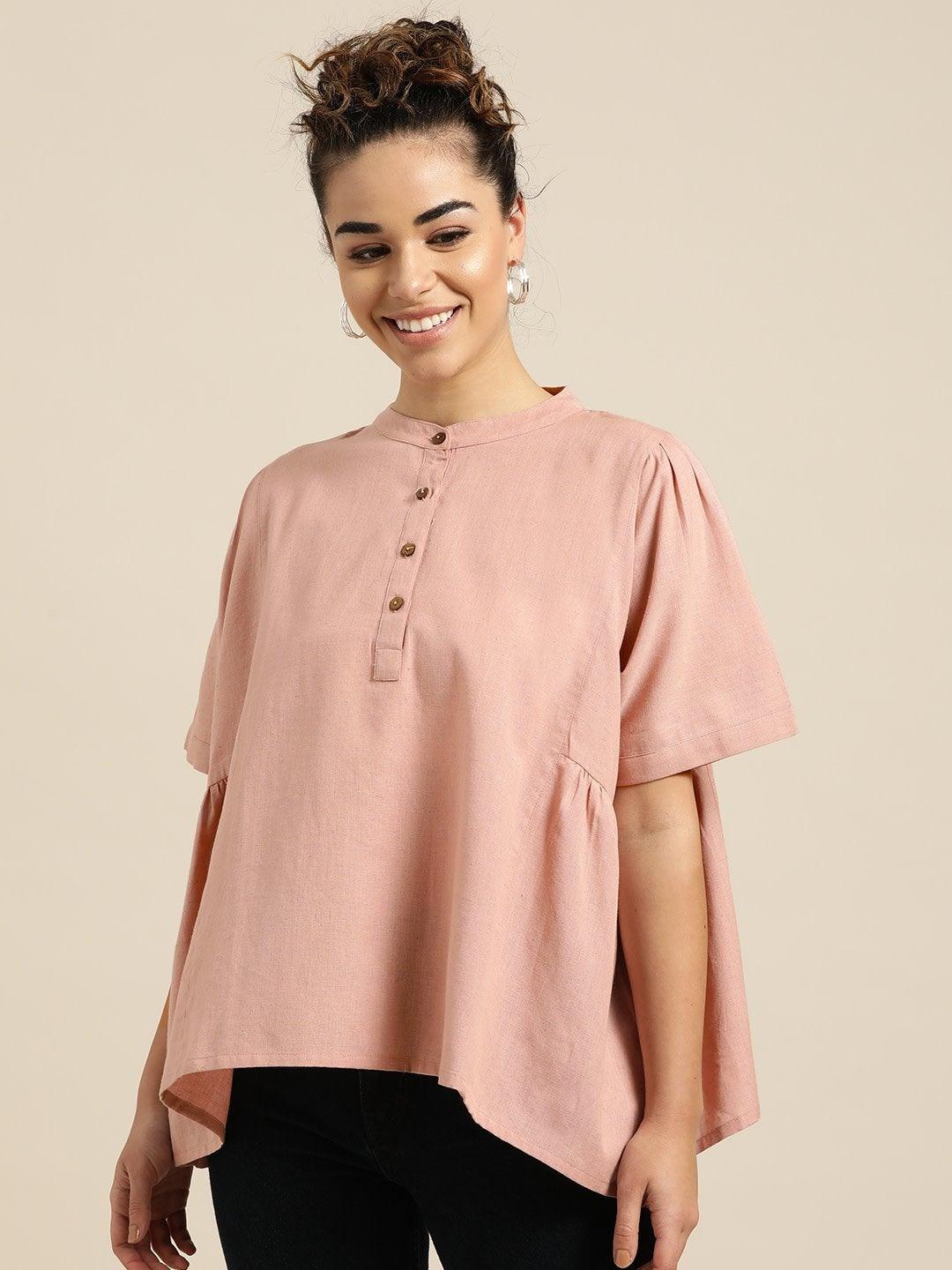 Women's Baked Pink Kimono Sleeve Boxy Top - SASSAFRAS - Indiakreations