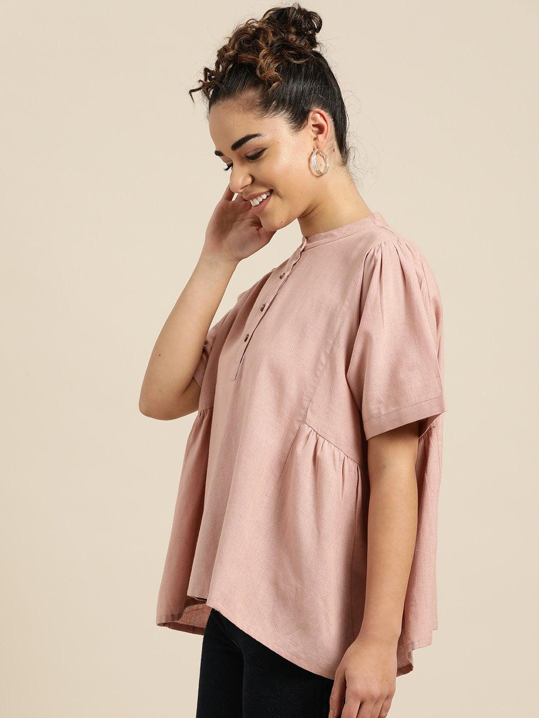 Women's Baked Pink Kimono Sleeve Boxy Top - SASSAFRAS - Indiakreations