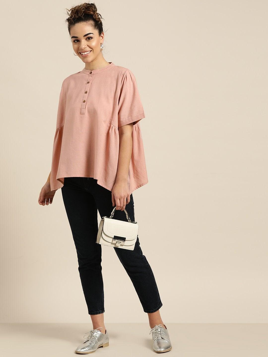 Women's Baked Pink Kimono Sleeve Boxy Top - SASSAFRAS - Indiakreations