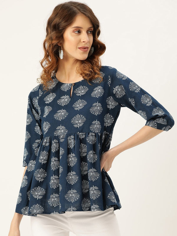 Women's Navy Lotus Print Peplum Top - SASSAFRAS