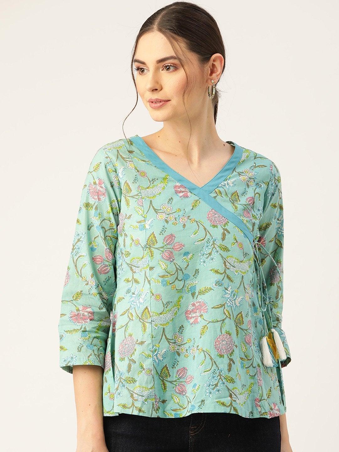 Women's Sea Green Floral Angrakha Top - SASSAFRAS - Indiakreations