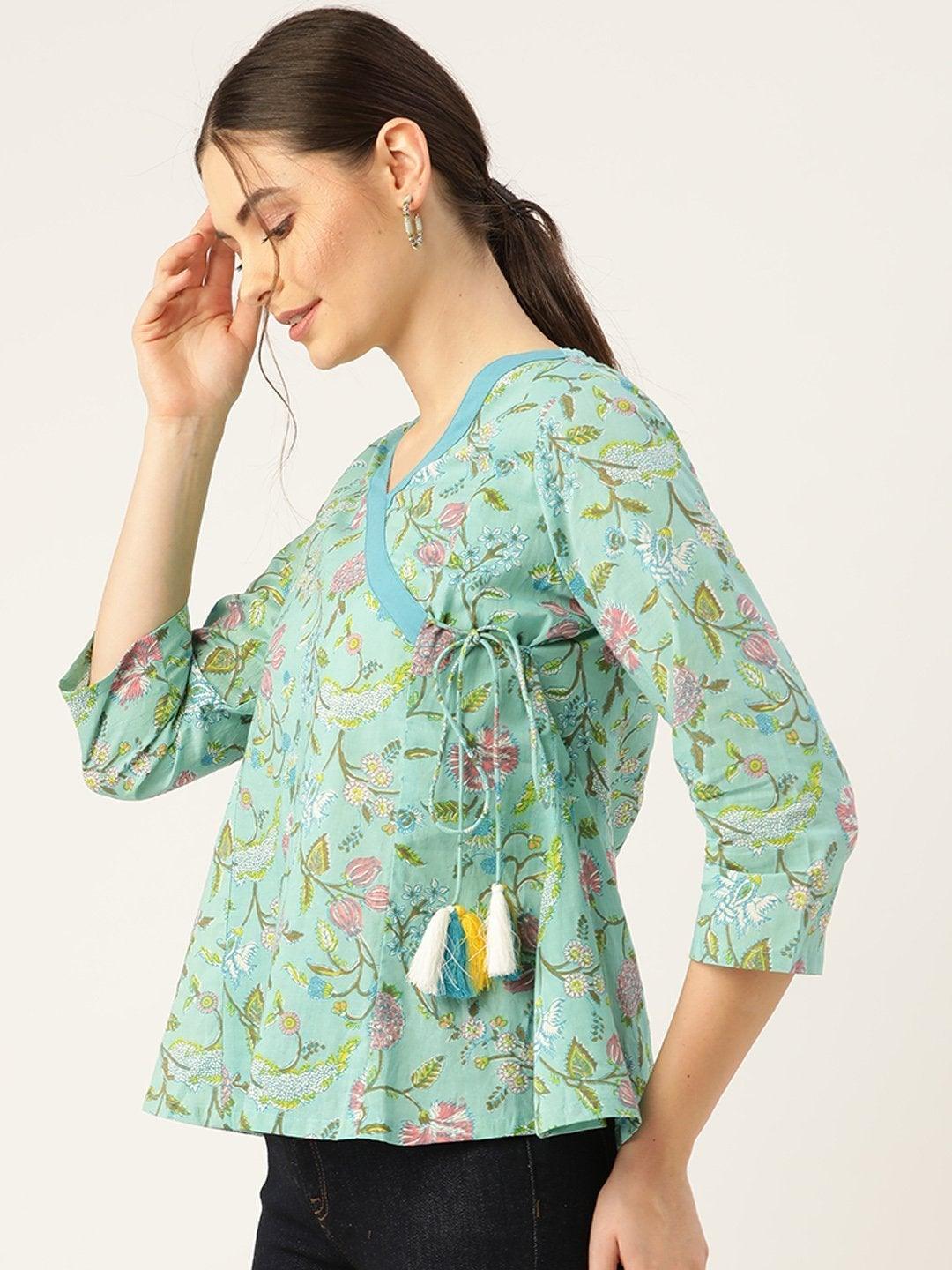 Women's Sea Green Floral Angrakha Top - SASSAFRAS - Indiakreations