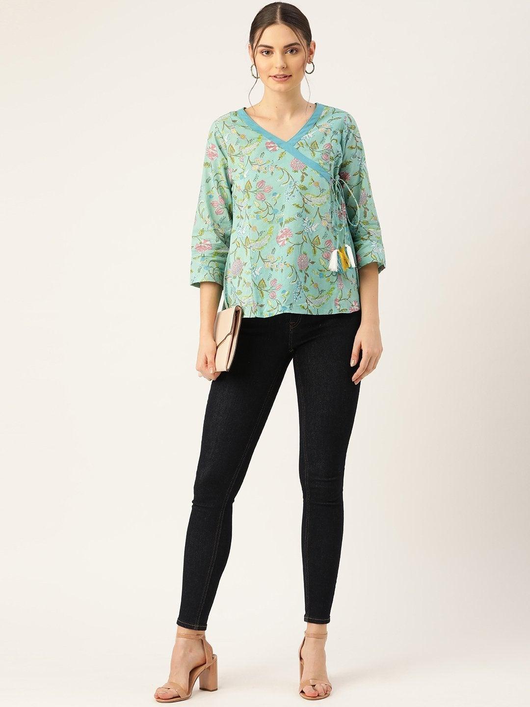 Women's Sea Green Floral Angrakha Top - SASSAFRAS - Indiakreations