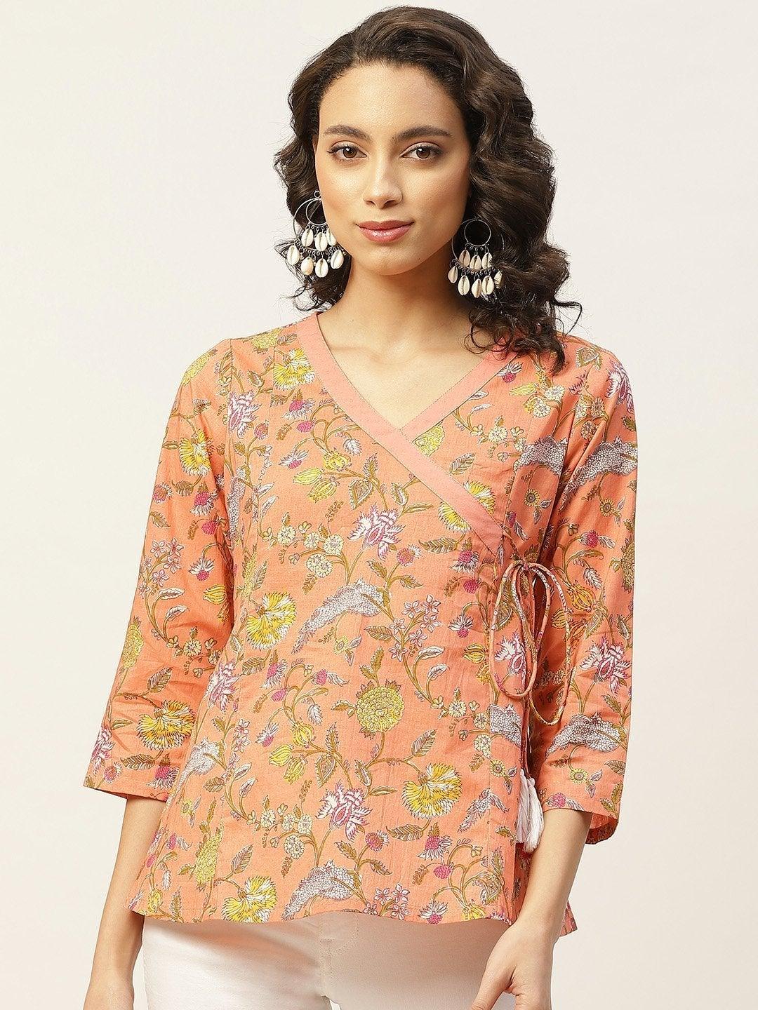 Women's Peach Floral Angrakha Top - SASSAFRAS - Indiakreations