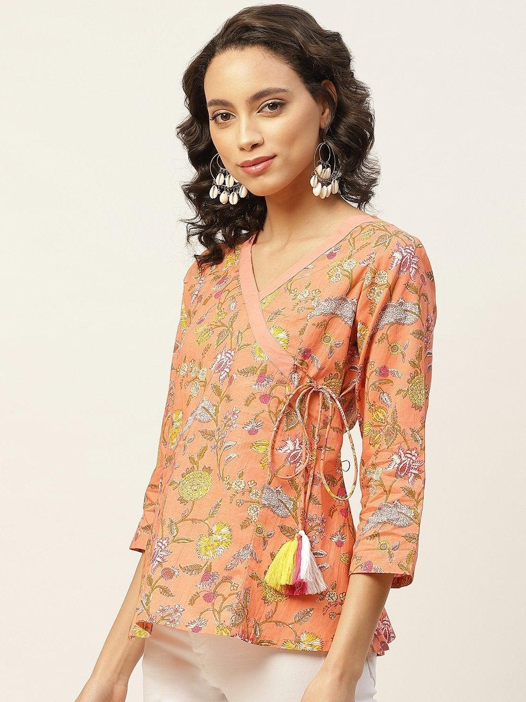 Women's Peach Floral Angrakha Top - SASSAFRAS - Indiakreations