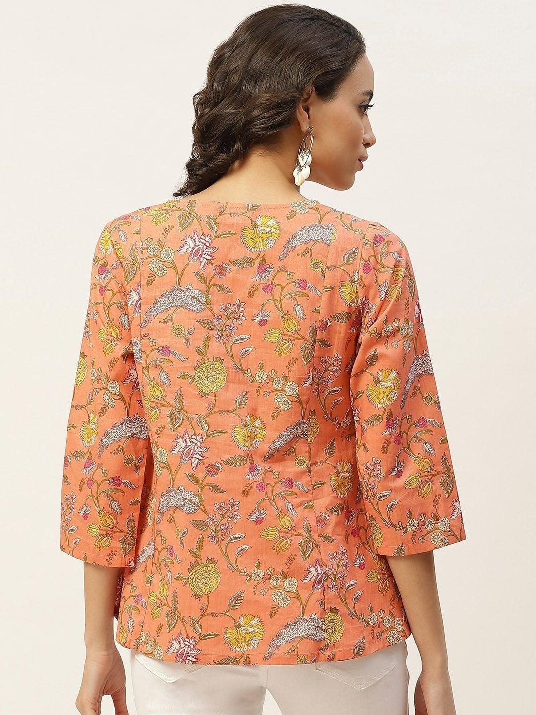 Women's Peach Floral Angrakha Top - SASSAFRAS - Indiakreations