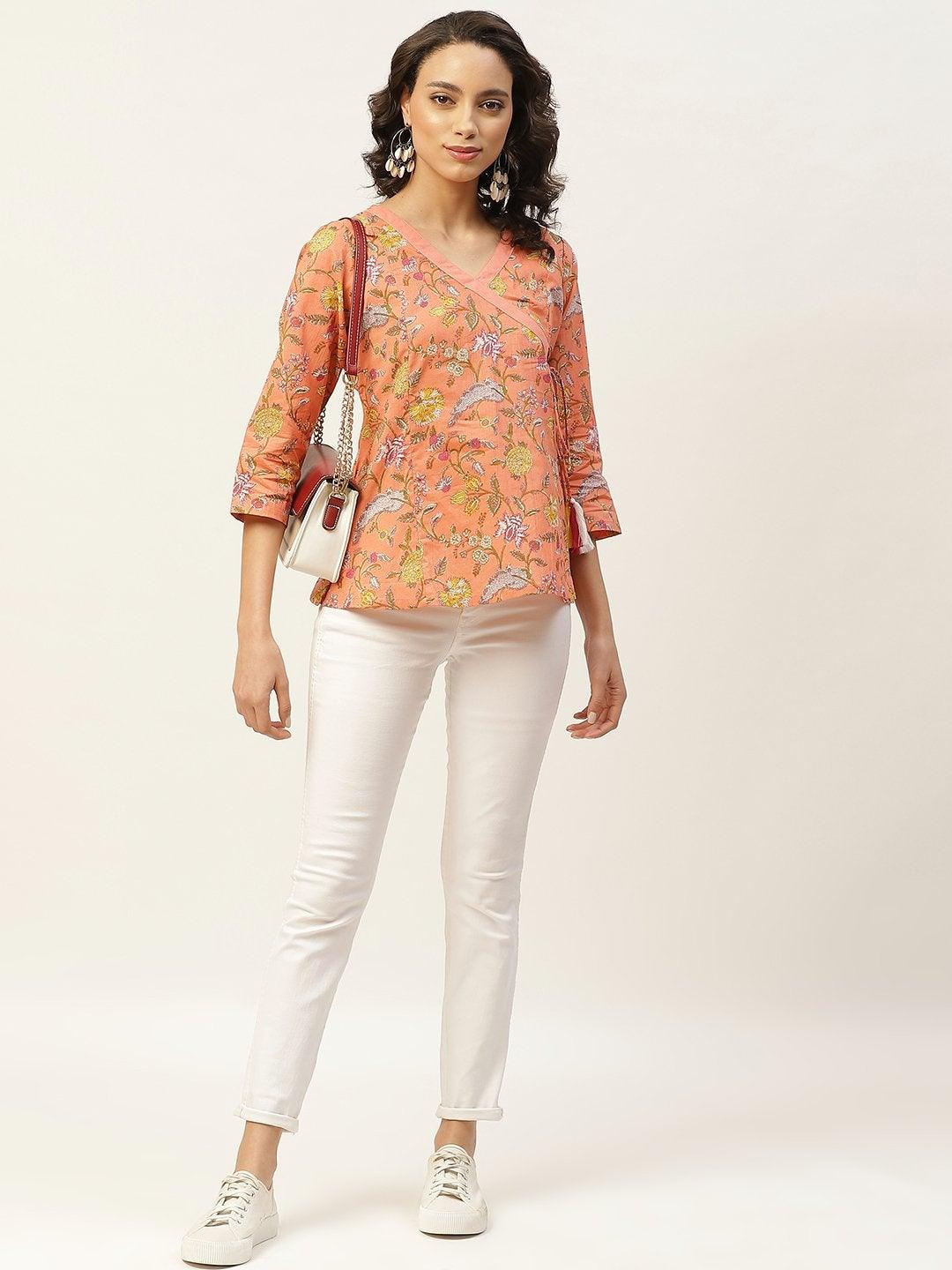 Women's Peach Floral Angrakha Top - SASSAFRAS - Indiakreations