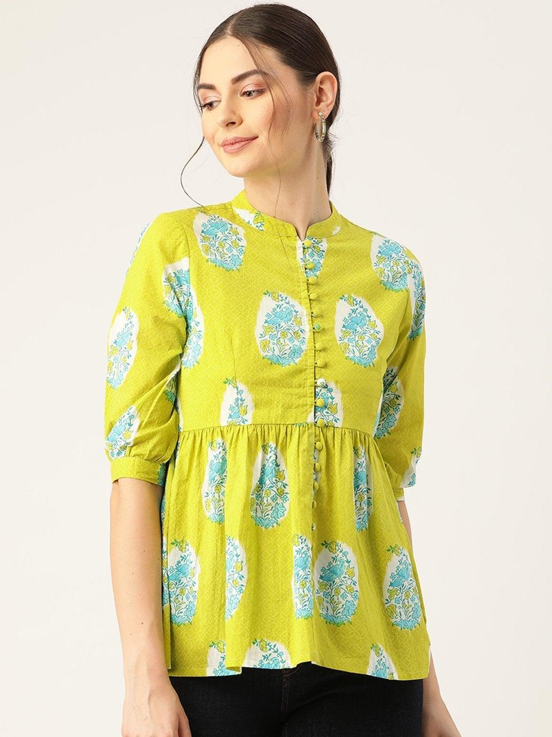 Women's Lime Green Bird Floral Top - SASSAFRAS - Indiakreations