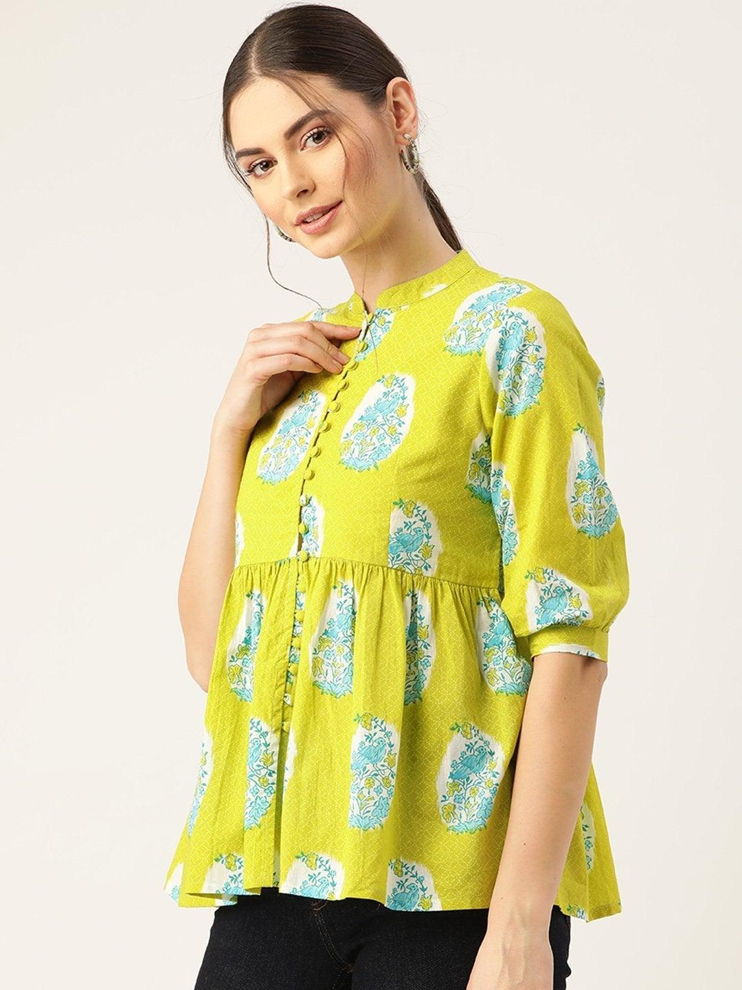 Women's Lime Green Bird Floral Top - SASSAFRAS - Indiakreations