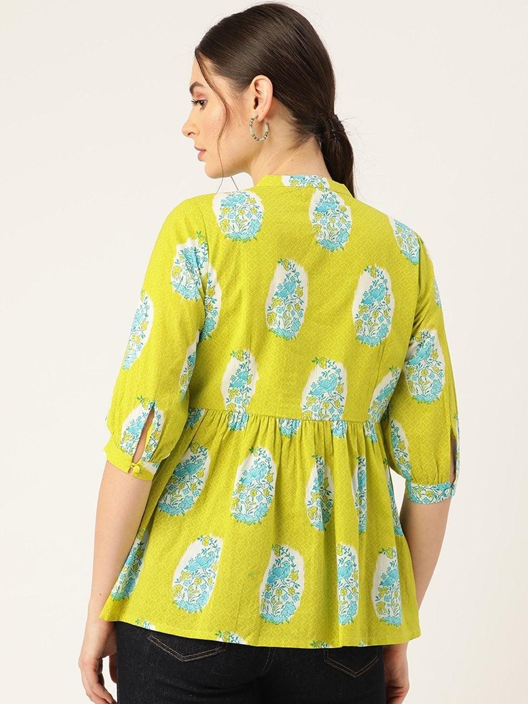 Women's Lime Green Bird Floral Top - SASSAFRAS - Indiakreations