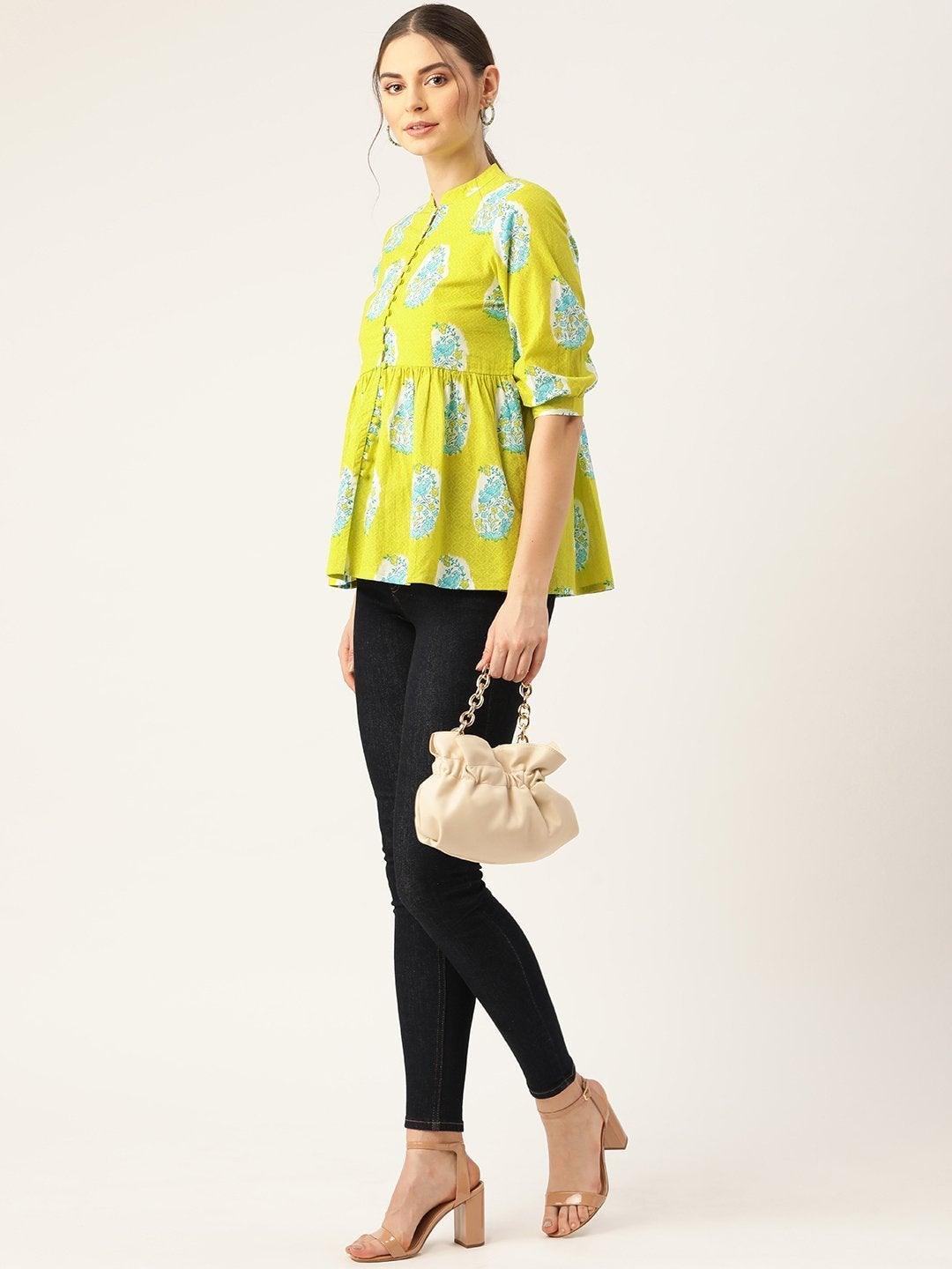 Women's Lime Green Bird Floral Top - SASSAFRAS - Indiakreations