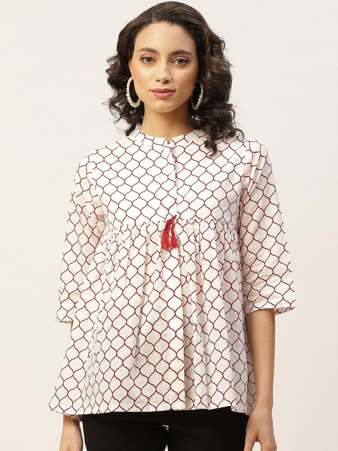 Women's Red Geometric Print Top - SASSAFRAS - Indiakreations