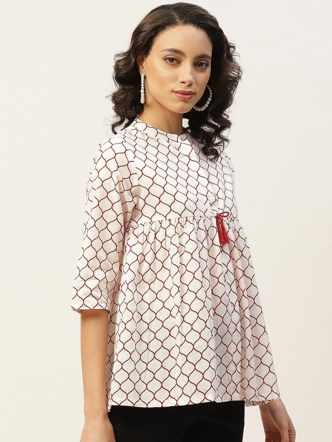 Women's Red Geometric Print Top - SASSAFRAS - Indiakreations