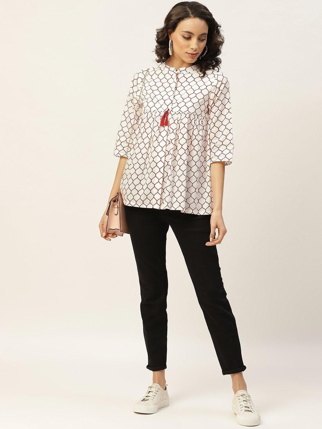 Women's Red Geometric Print Top - SASSAFRAS - Indiakreations