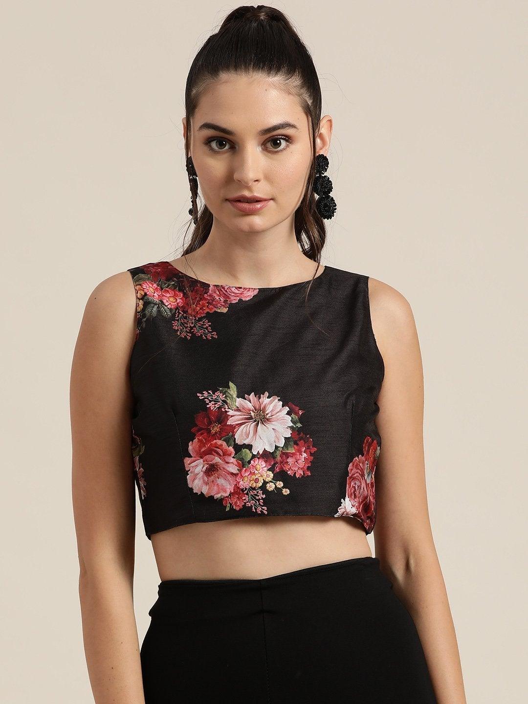 Women's Black Floral Sleeveless Crop Top - SHAE - Indiakreations