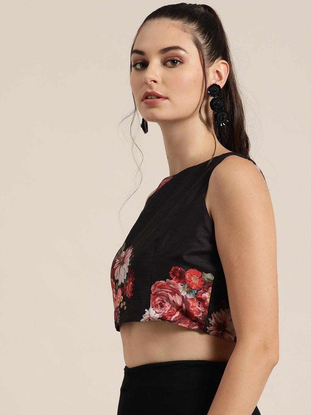 Women's Black Floral Sleeveless Crop Top - SHAE - Indiakreations