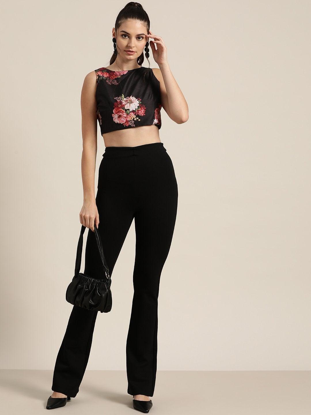 Women's Black Floral Sleeveless Crop Top - SHAE - Indiakreations