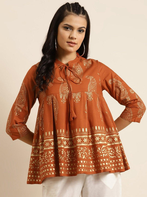 Women's Rust Paisely Foil Print Kali Top - SHAE - Indiakreations