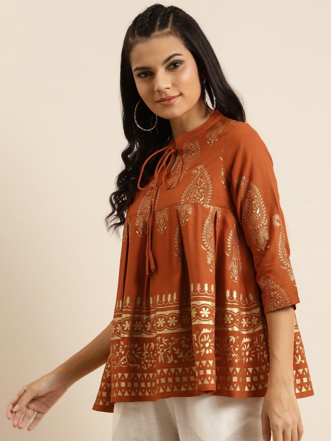 Women's Rust Paisely Foil Print Kali Top - SHAE - Indiakreations