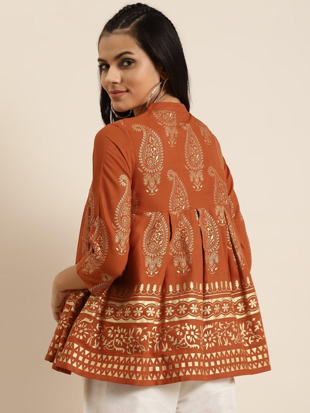 Women's Rust Paisely Foil Print Kali Top - SHAE - Indiakreations