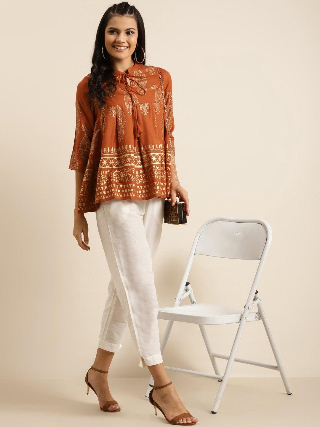 Women's Rust Paisely Foil Print Kali Top - SHAE - Indiakreations