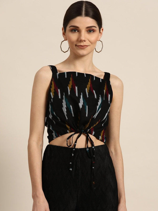 Women's Black Ikat Strappy Crop Top - SHAE - Indiakreations