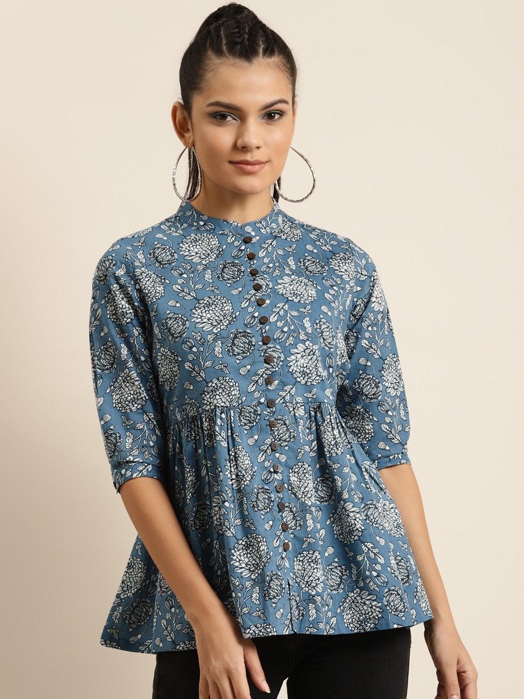 Women's Blue Floral Front Button Gathered Top - SHAE - Indiakreations