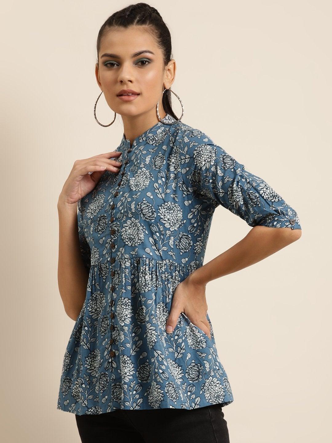 Women's Blue Floral Front Button Gathered Top - SHAE - Indiakreations