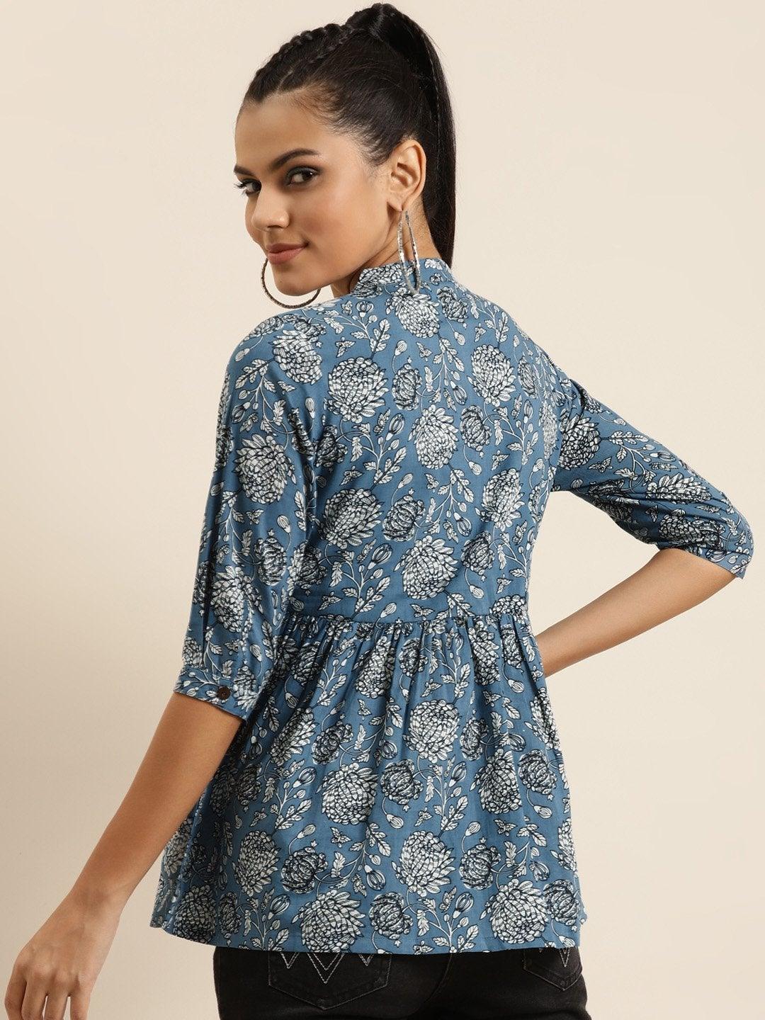 Women's Blue Floral Front Button Gathered Top - SHAE - Indiakreations