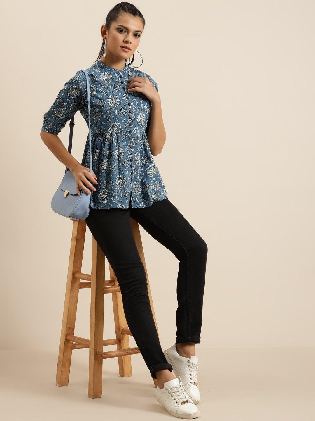 Women's Blue Floral Front Button Gathered Top - SHAE - Indiakreations