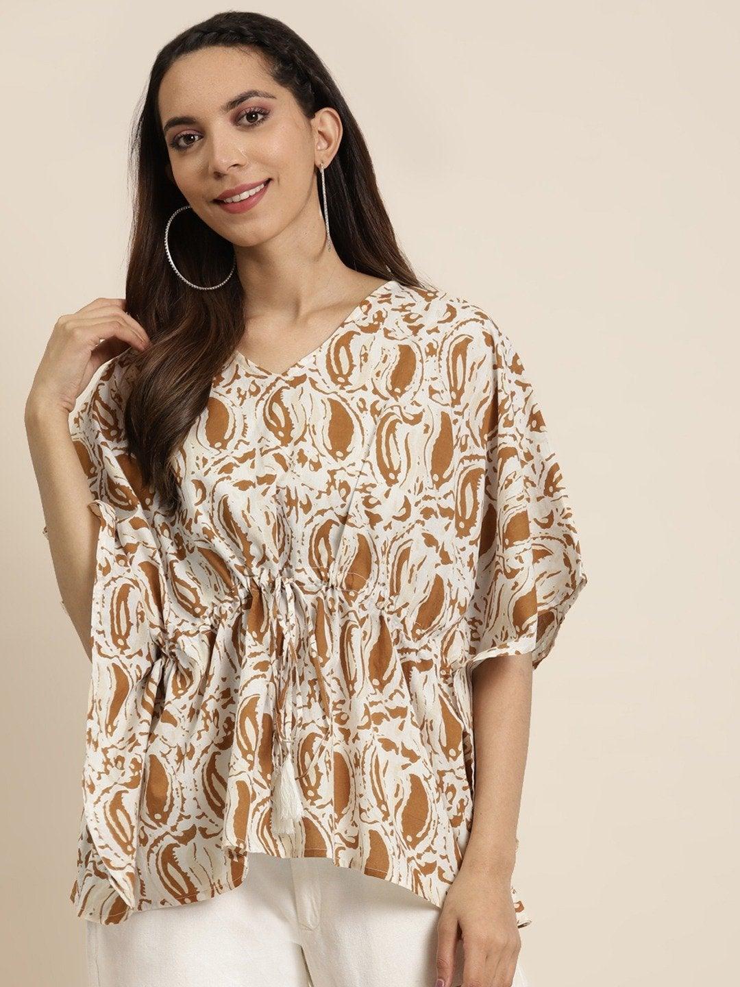 Women's Brown Paisely Short Kaftan Top - SHAE - Indiakreations