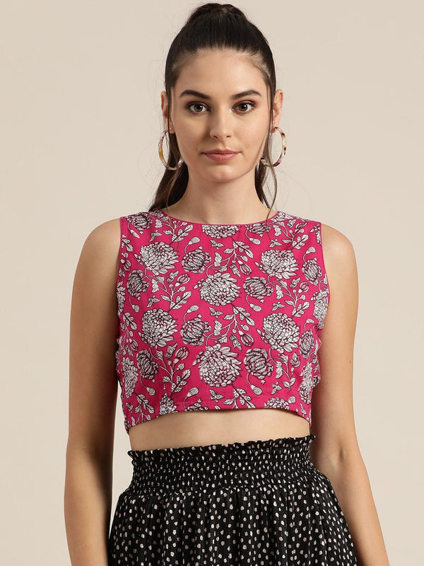 Women's Fuchsia Floral Sleeveless Crop Top - SHAE