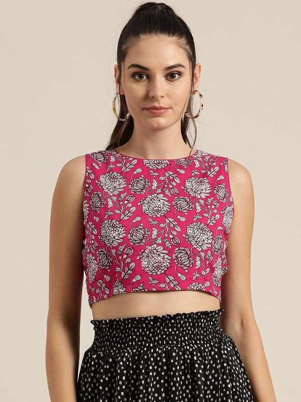 Women's Fuchsia Floral Sleeveless Crop Top - SHAE - Indiakreations