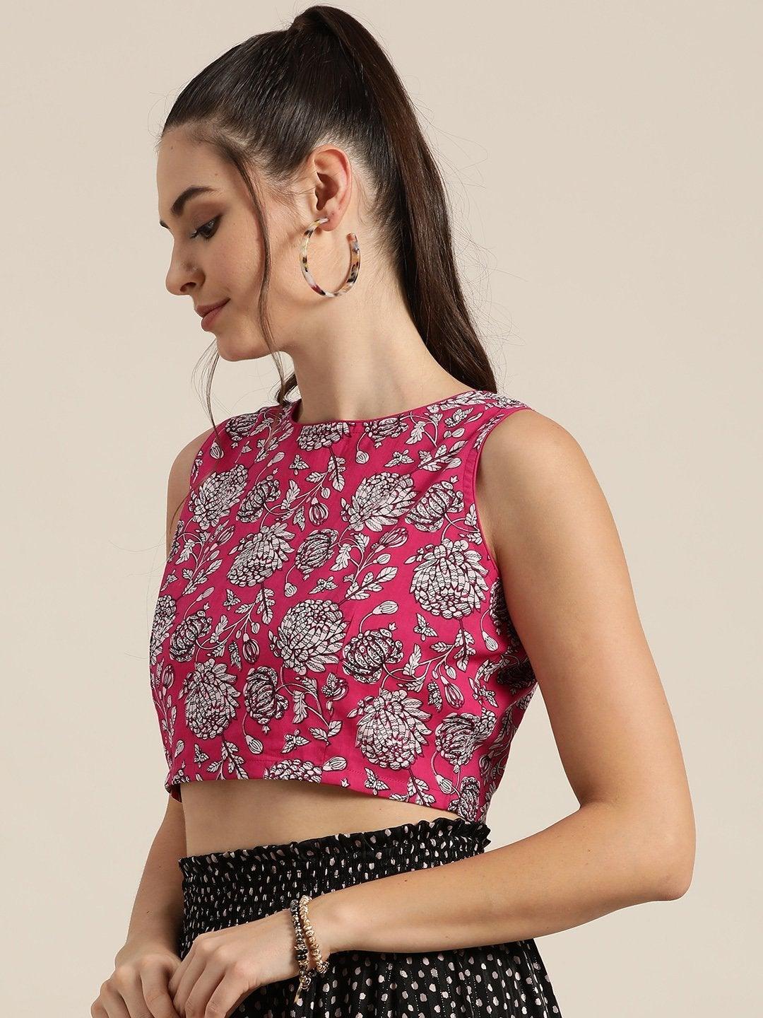 Women's Fuchsia Floral Sleeveless Crop Top - SHAE - Indiakreations