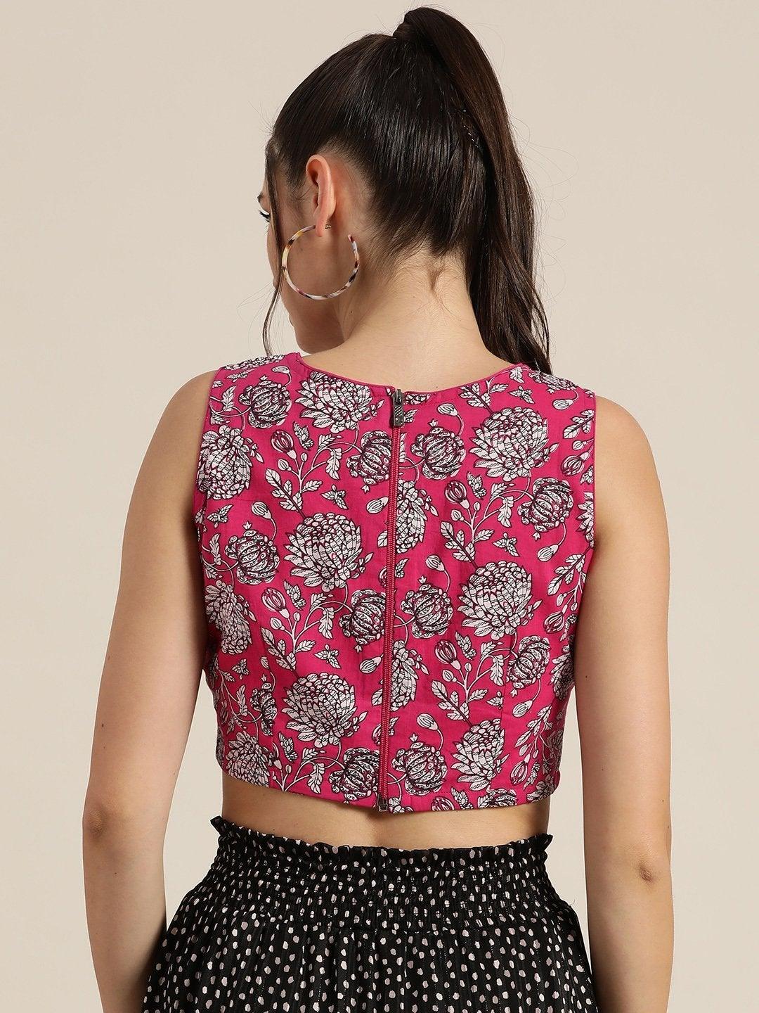 Women's Fuchsia Floral Sleeveless Crop Top - SHAE - Indiakreations