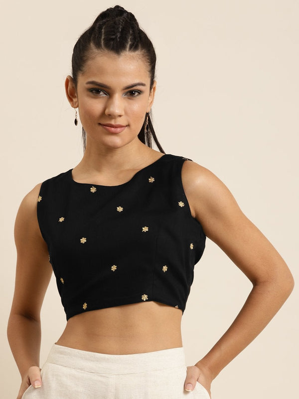 Women's Black Sleeveless Embroidered Crop Top - SHAE