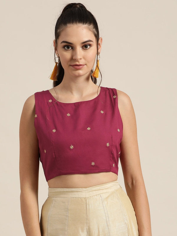 Women's Burgundy Sleeveless Embroidered Crop Top - SHAE