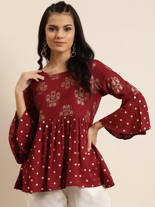 Women's Maroon Foil Print Flared Sleeves Top - SHAE - Indiakreations