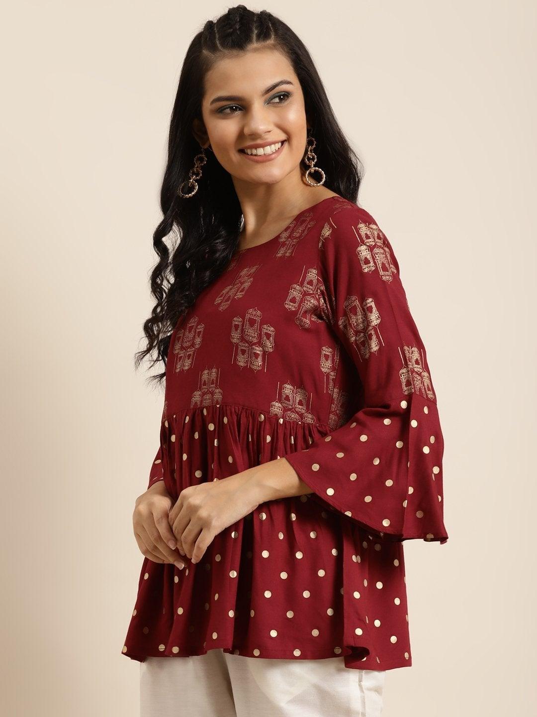 Women's Maroon Foil Print Flared Sleeves Top - SHAE - Indiakreations