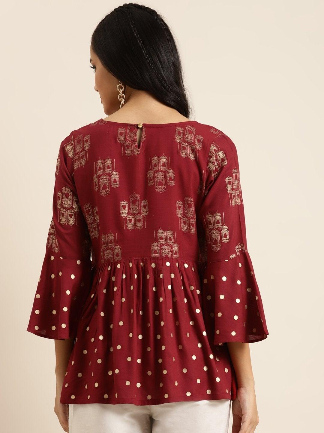 Women's Maroon Foil Print Flared Sleeves Top - SHAE - Indiakreations