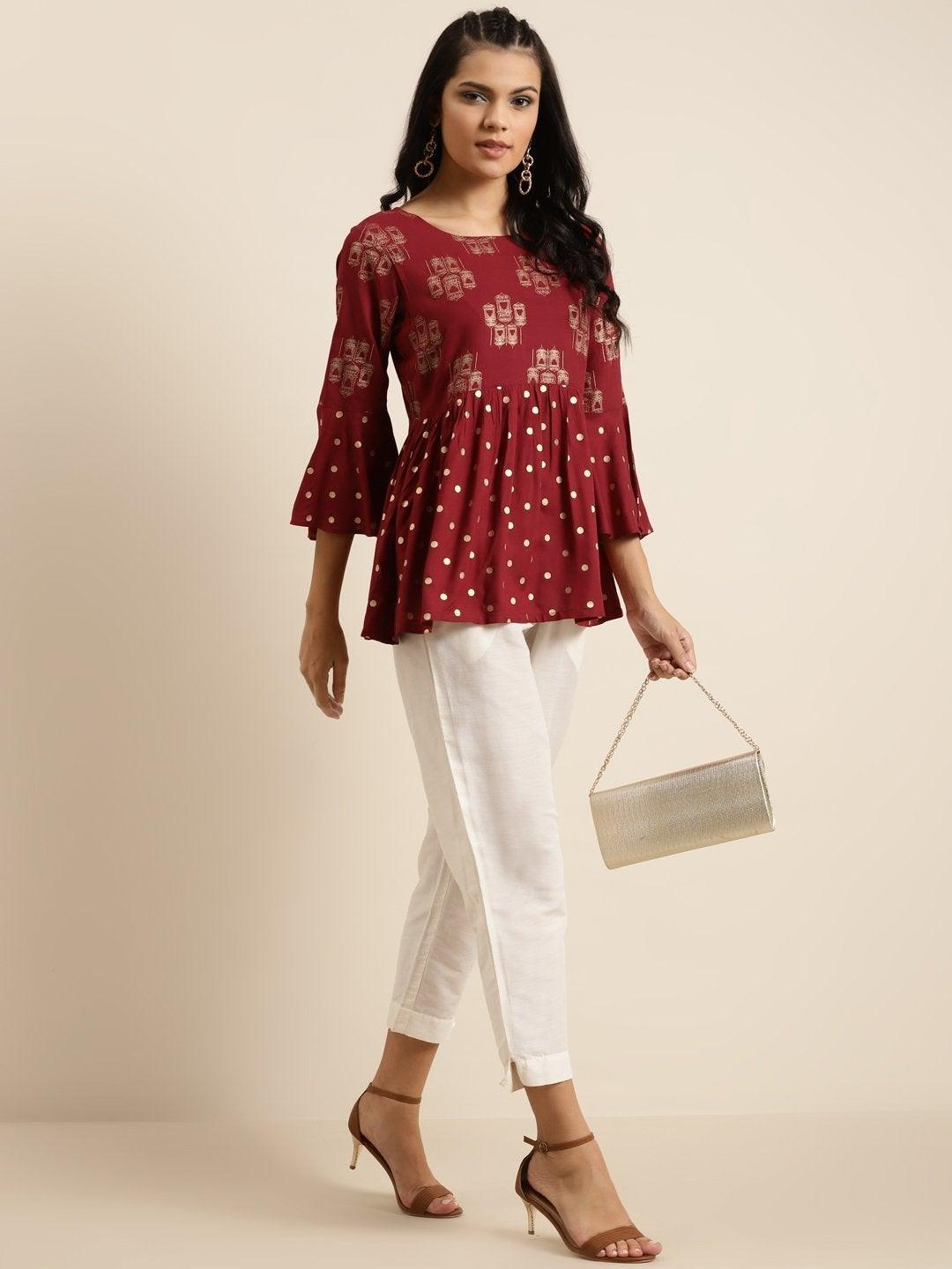 Women's Maroon Foil Print Flared Sleeves Top - SHAE - Indiakreations