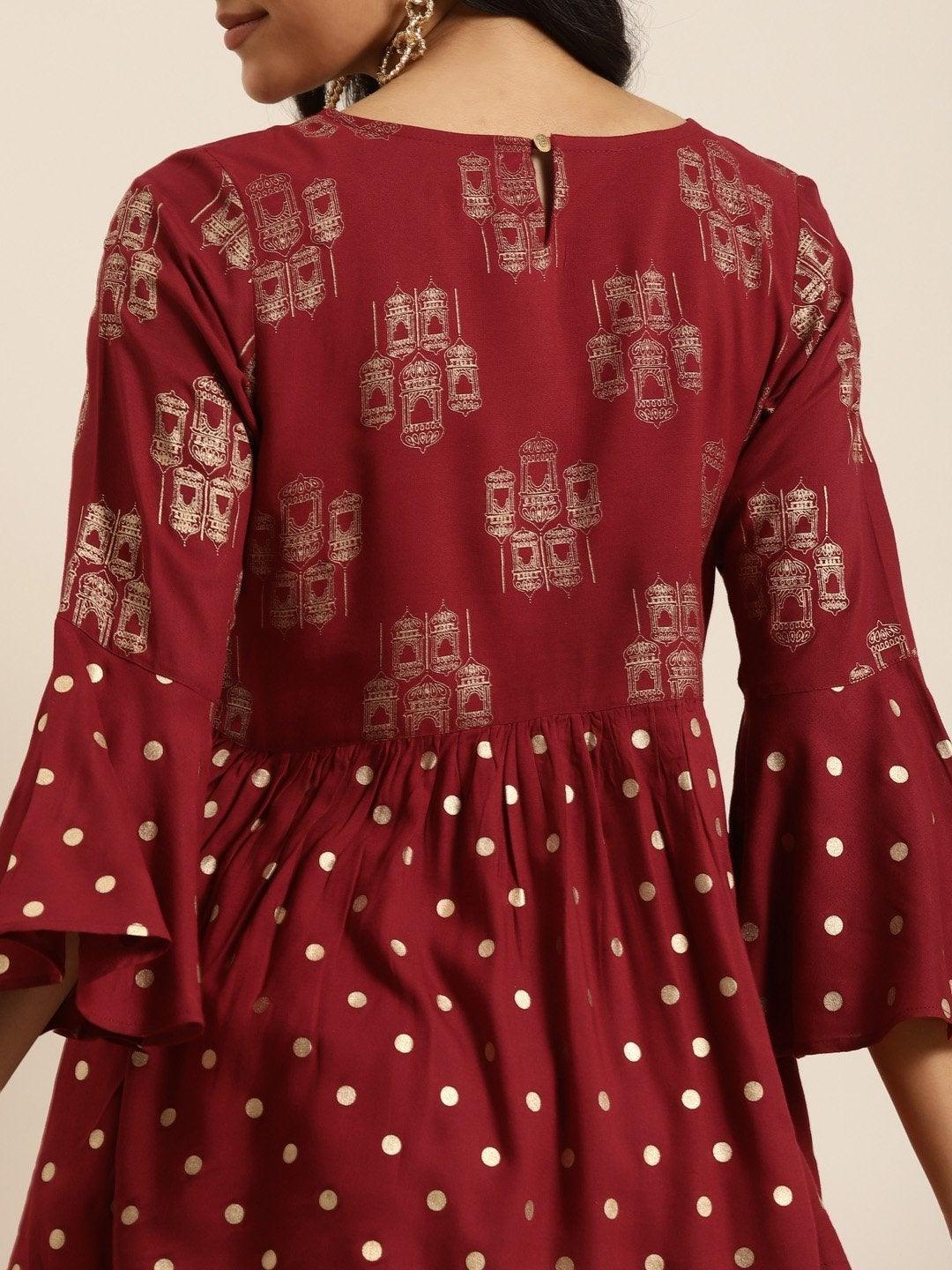 Women's Maroon Foil Print Flared Sleeves Top - SHAE - Indiakreations