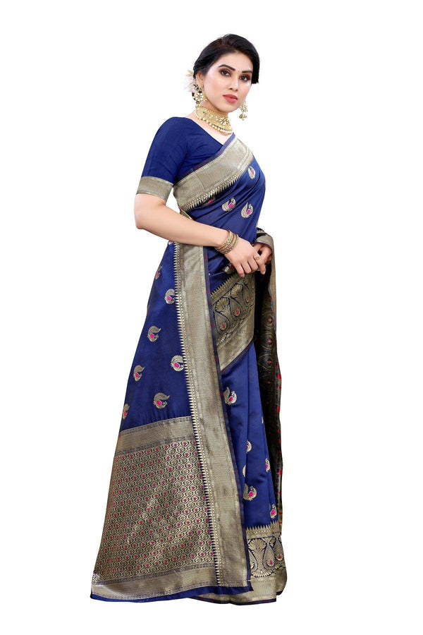 Women's Banarasi Jacquard Weaving Blue Saree - Vamika - Indiakreations
