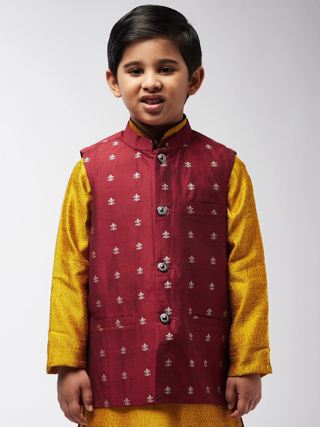 Kid's Cotton Blend Maroon Self Design ONLY Nehru Jacket - Sojanya KID