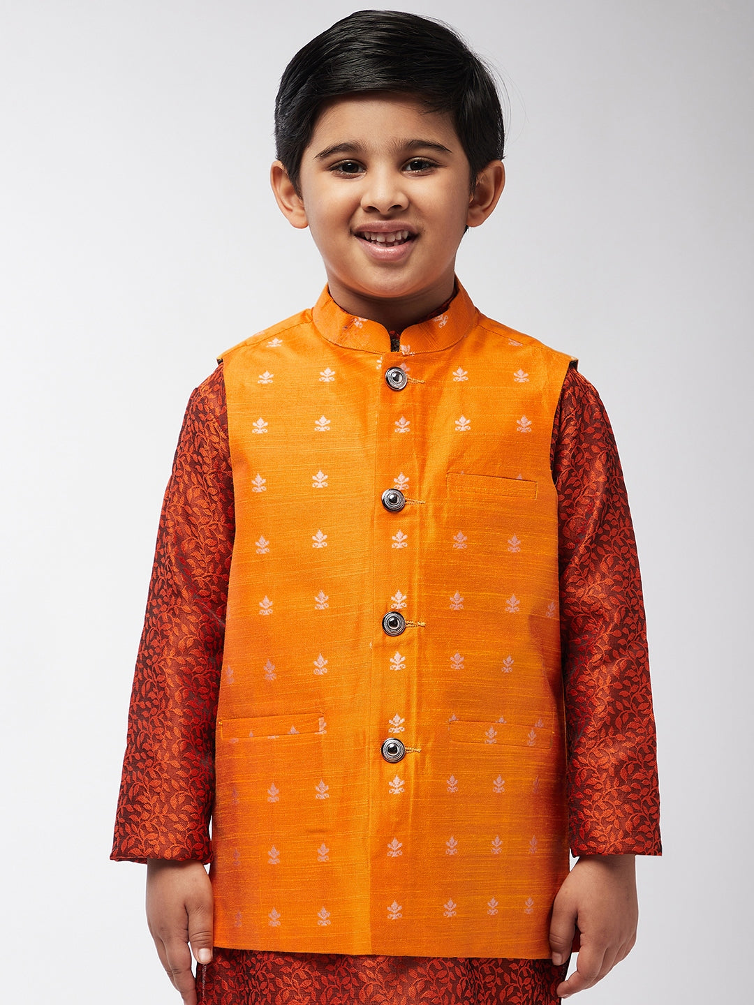 Kid's Cotton Blend Orange Self Design ONLY Nehru Jacket - Sojanya KID