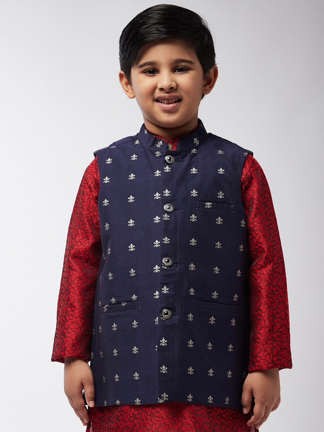 Kid's Cotton Blend Navy Blue Self Design ONLY Nehru Jacket - Sojanya KID