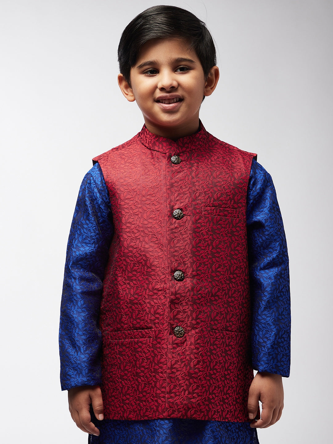 Kid's Jacquard Silk Red Self design ONLY Nehrujacket - Sojanya KID