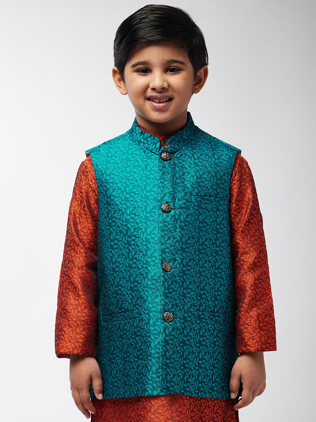 Kid's Jacquard Silk Turquoise Blue Self design ONLY Nehrujacket - Sojanya KID